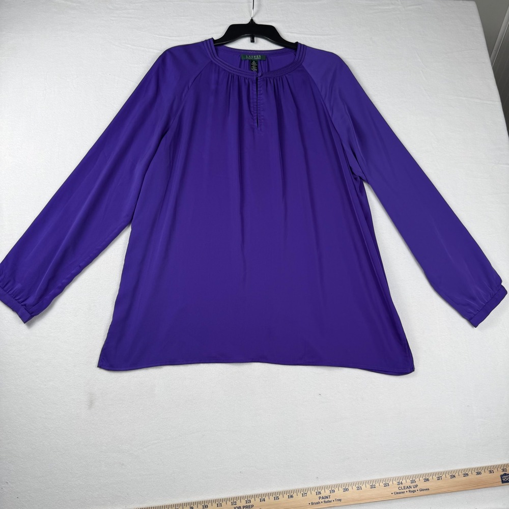 Lauren Ralph Lauren Blouse XL Purple Crochet Trim Keyhole Office Minimalist